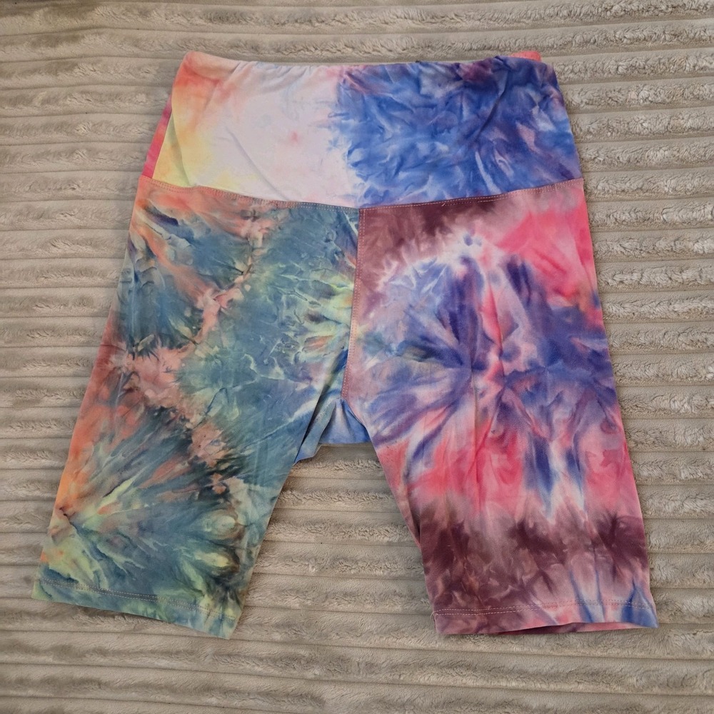 Tie Dye High Waisted Biker Shorts Colorful Festival Summer Yoga Athleisure M